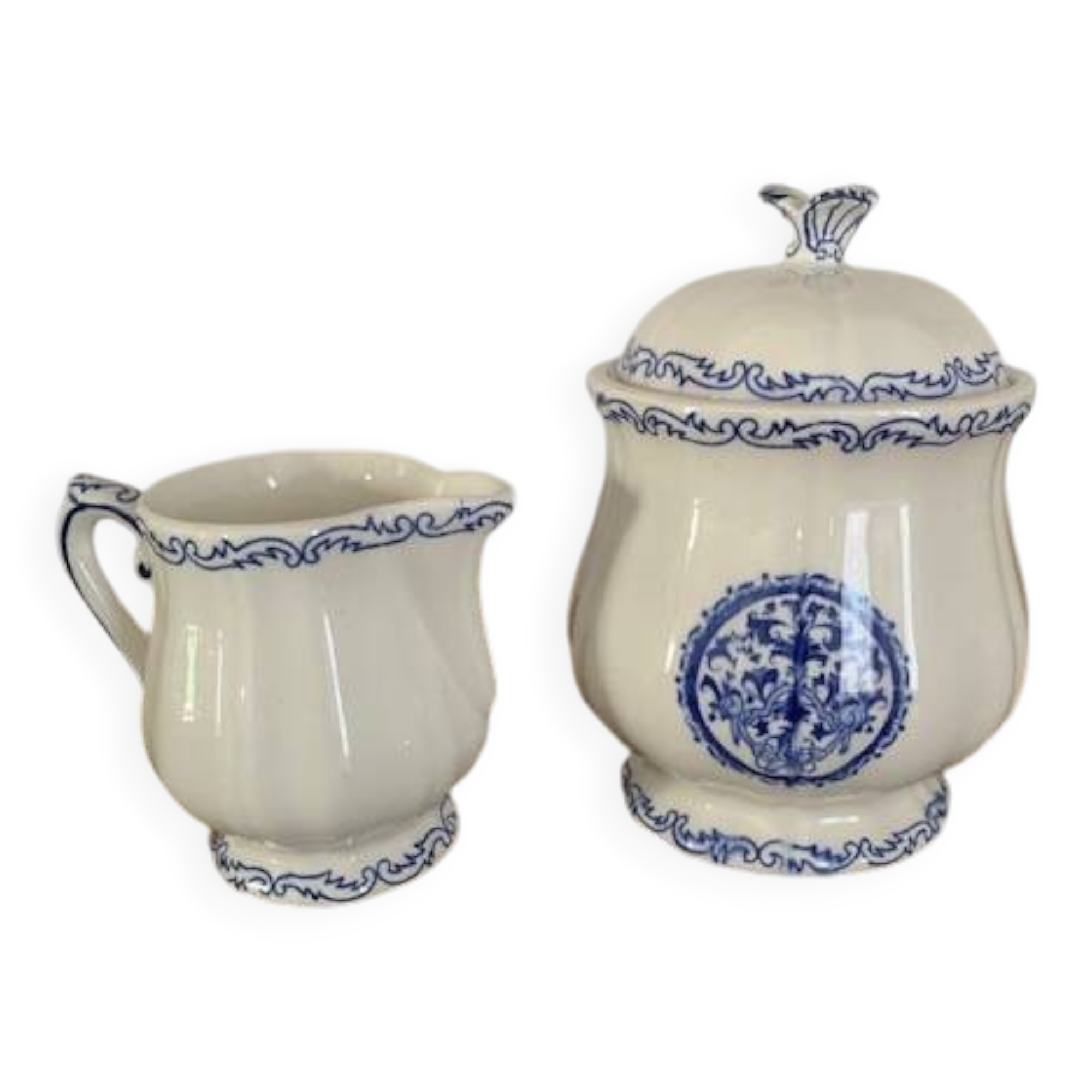 Milk or cream jug and sugar bowl with Gien earthenware lid, Rouen model 32