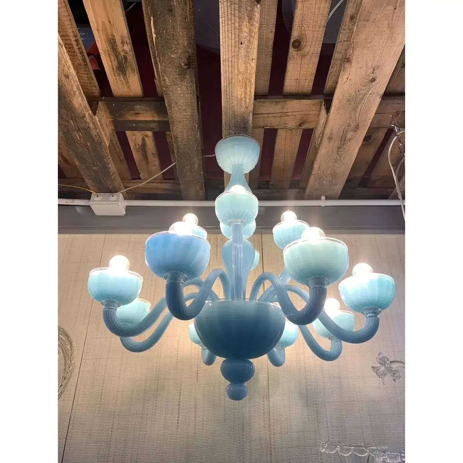 Contemporary Matte Light-Blue Glass Chandelier