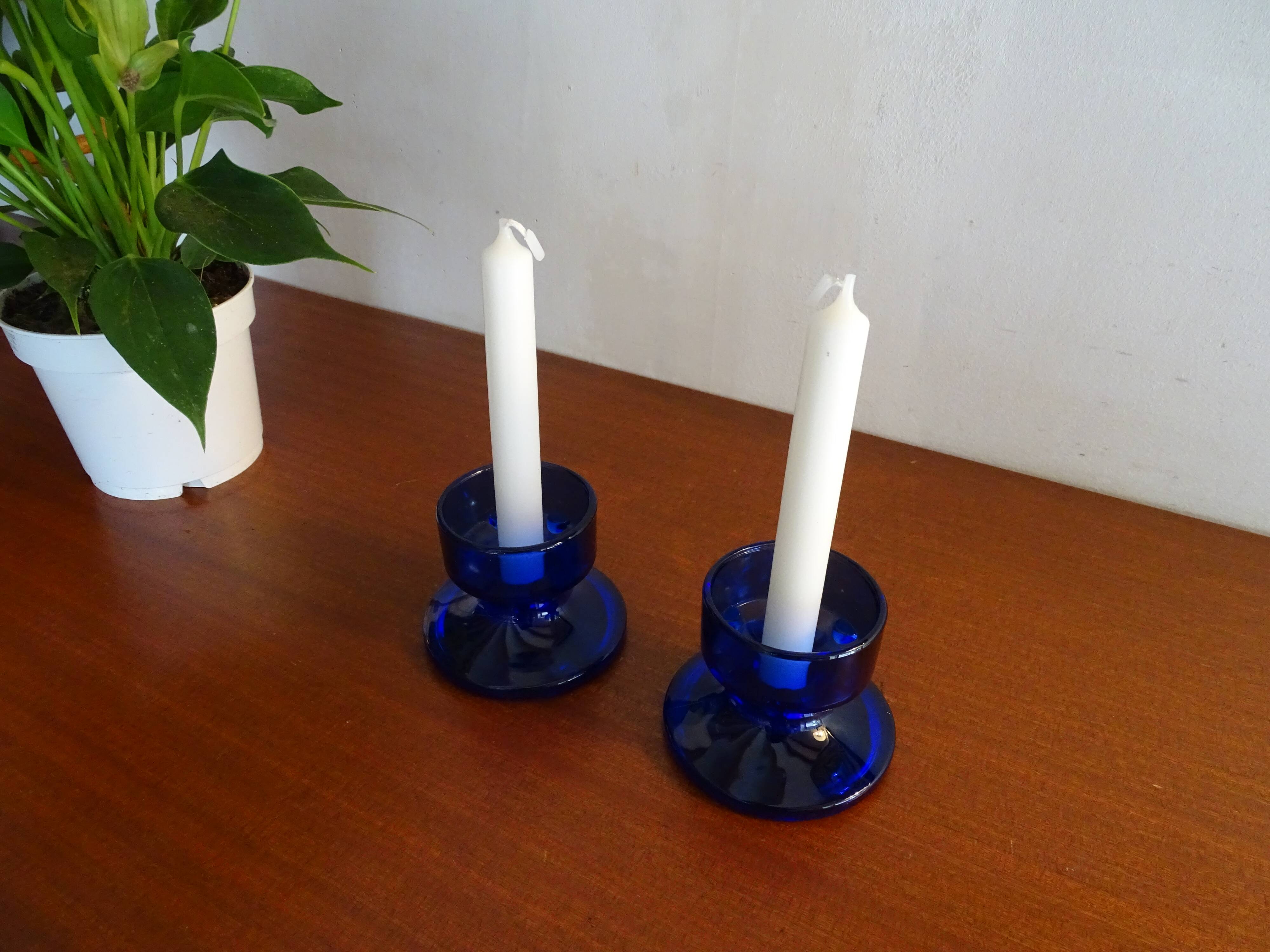 Pair of cobalt blue molded glass candle holders