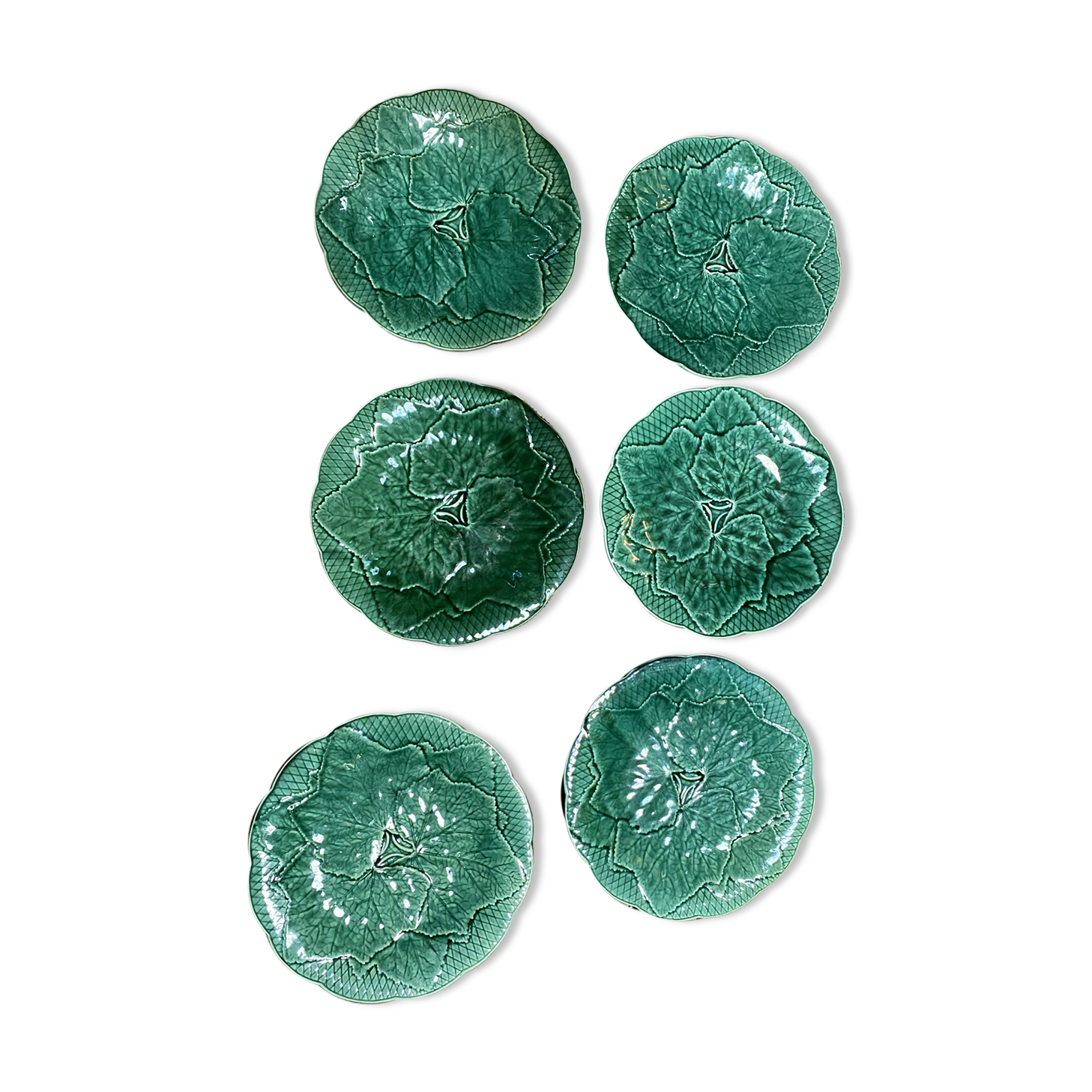 Series of 6 leaves plates in Gien slip