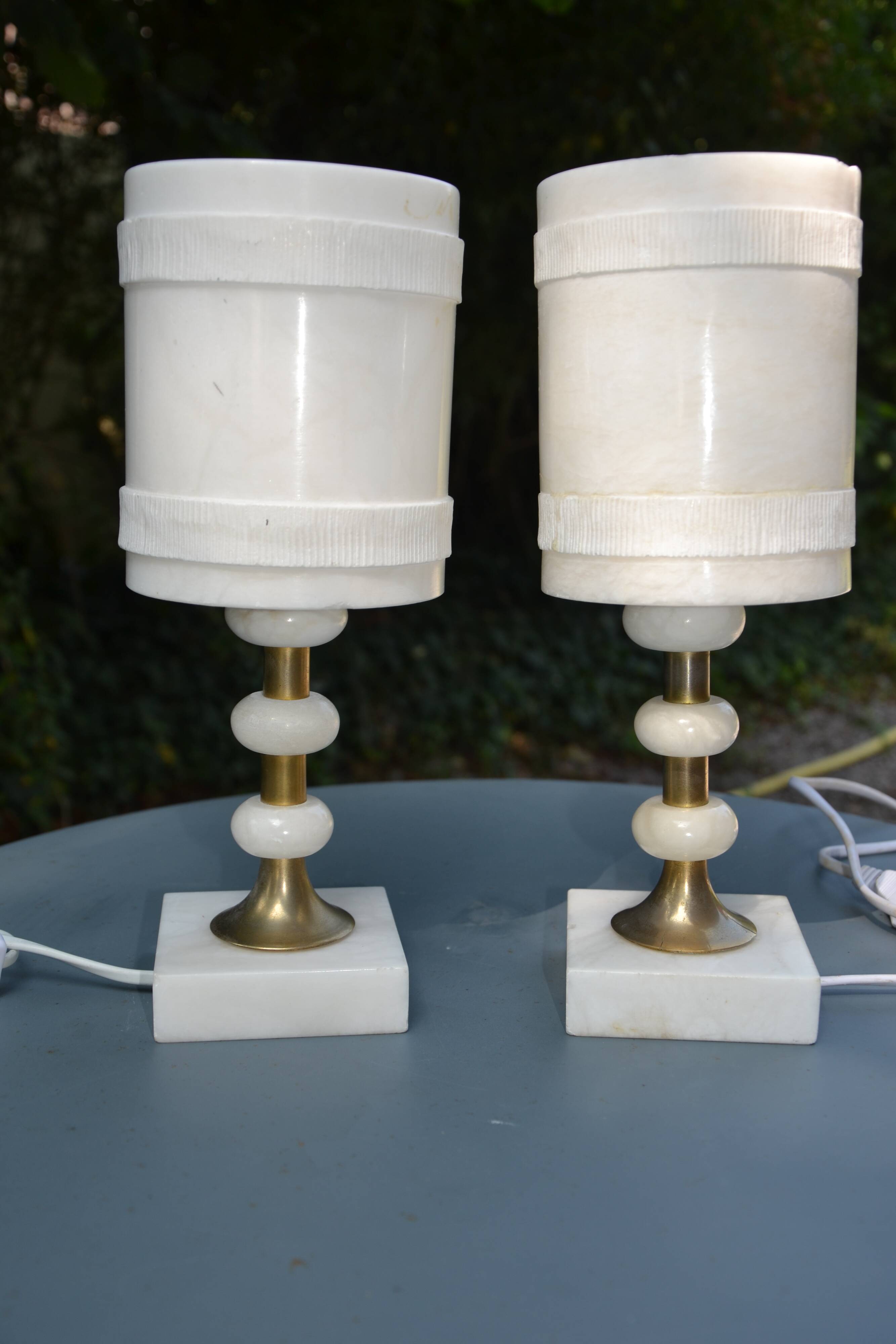 2 white alabaster and brass bedside lamps from the 60s