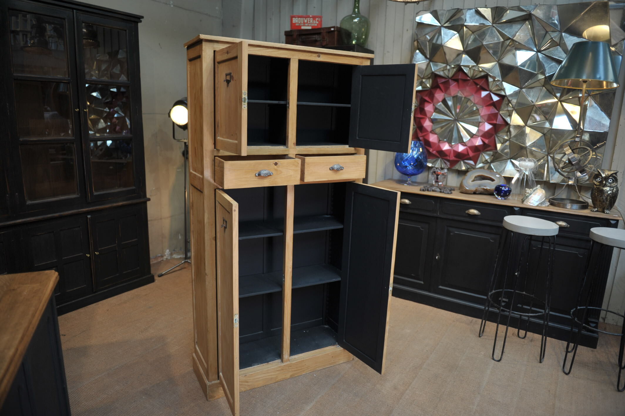 Old 1930 vintage fir cabinet with 4 doors 2 drawers