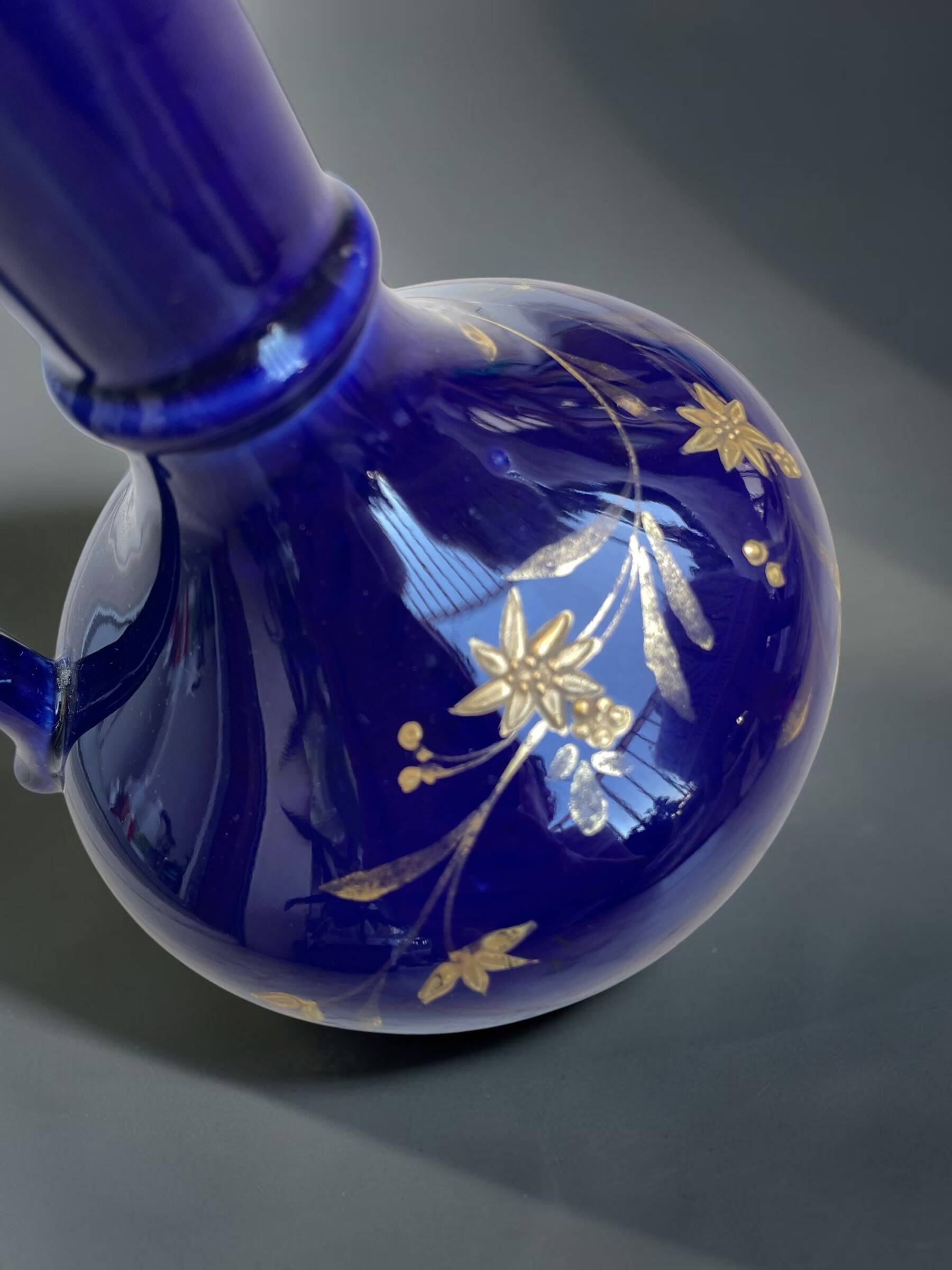 Vintage cobalt blue ceramic jug with gilding, 1950s-70s.