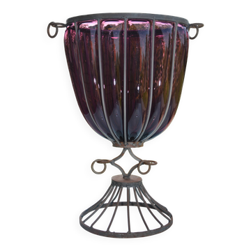 Grand vase verre soufflé et fer forgé sur pied douche