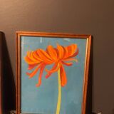 2 peintures de dahlias oranges dans cadres antiques en bois