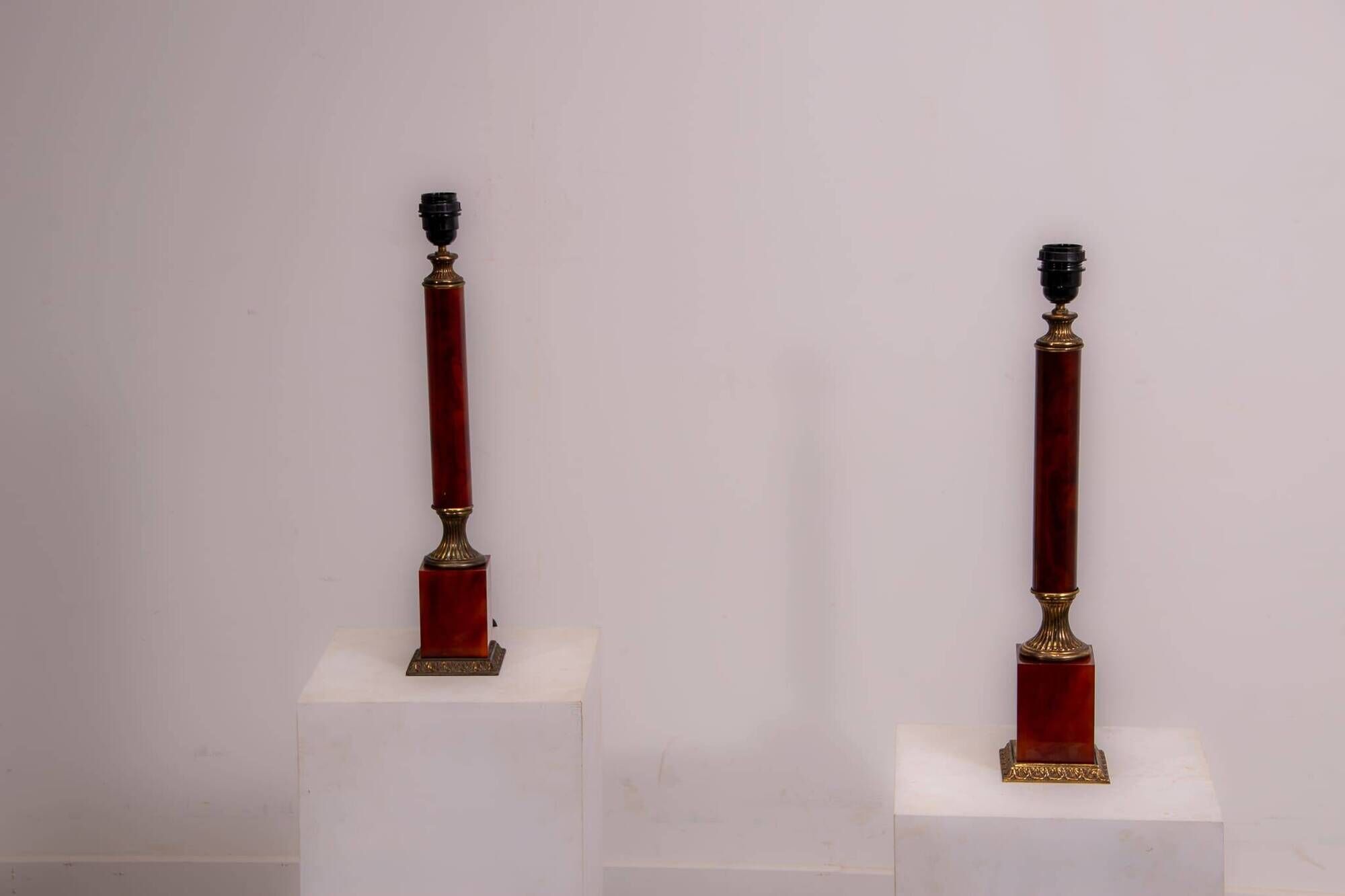 Set of French Empire style lamps made from amber bakelite and brass