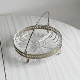 Glass dish with openwork metal support.