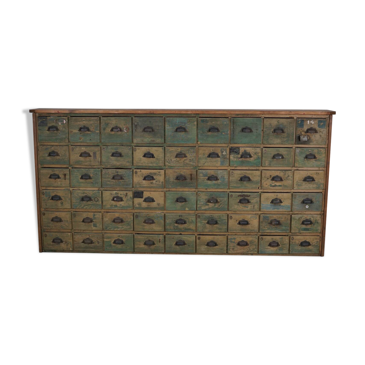 Meuble de quincaillerie industriel en pin peint, France années 1950