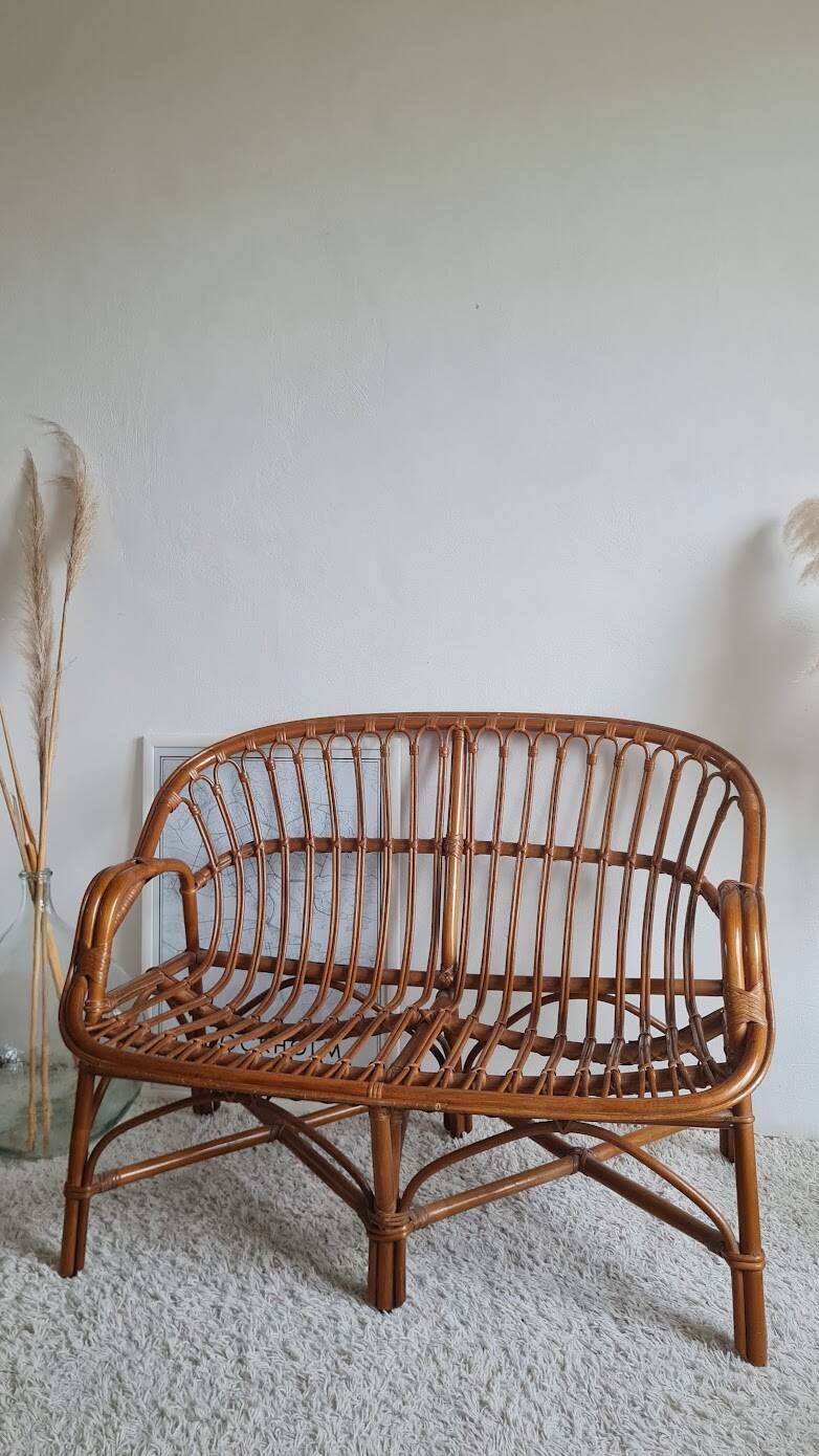 Vintage 1970s rattan bench