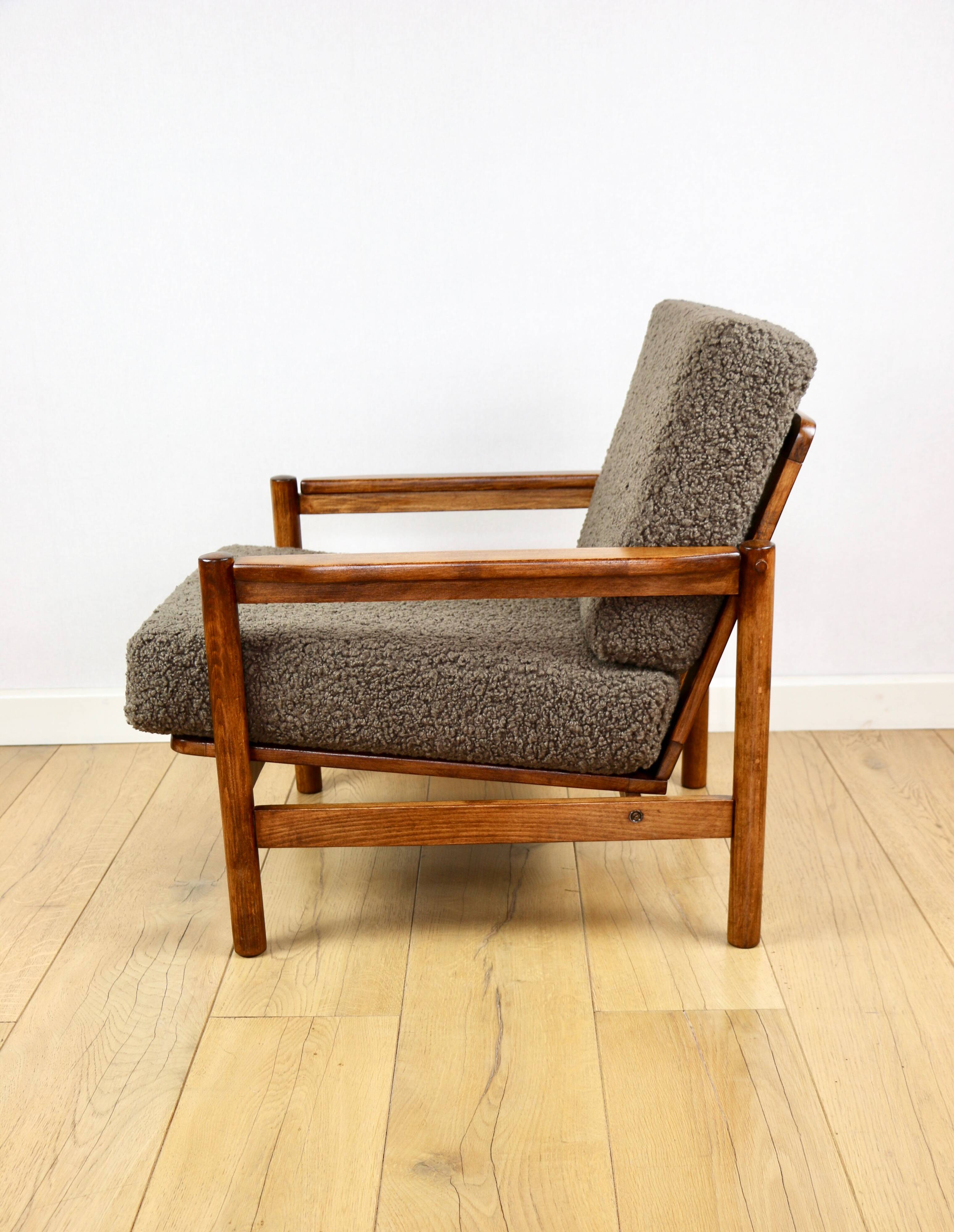 Wooden armchair designed by Z. Baczyk brown vintage chocolate brown boucle lamb
