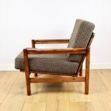 Wooden armchair designed by Z. Baczyk brown vintage chocolate brown boucle lamb