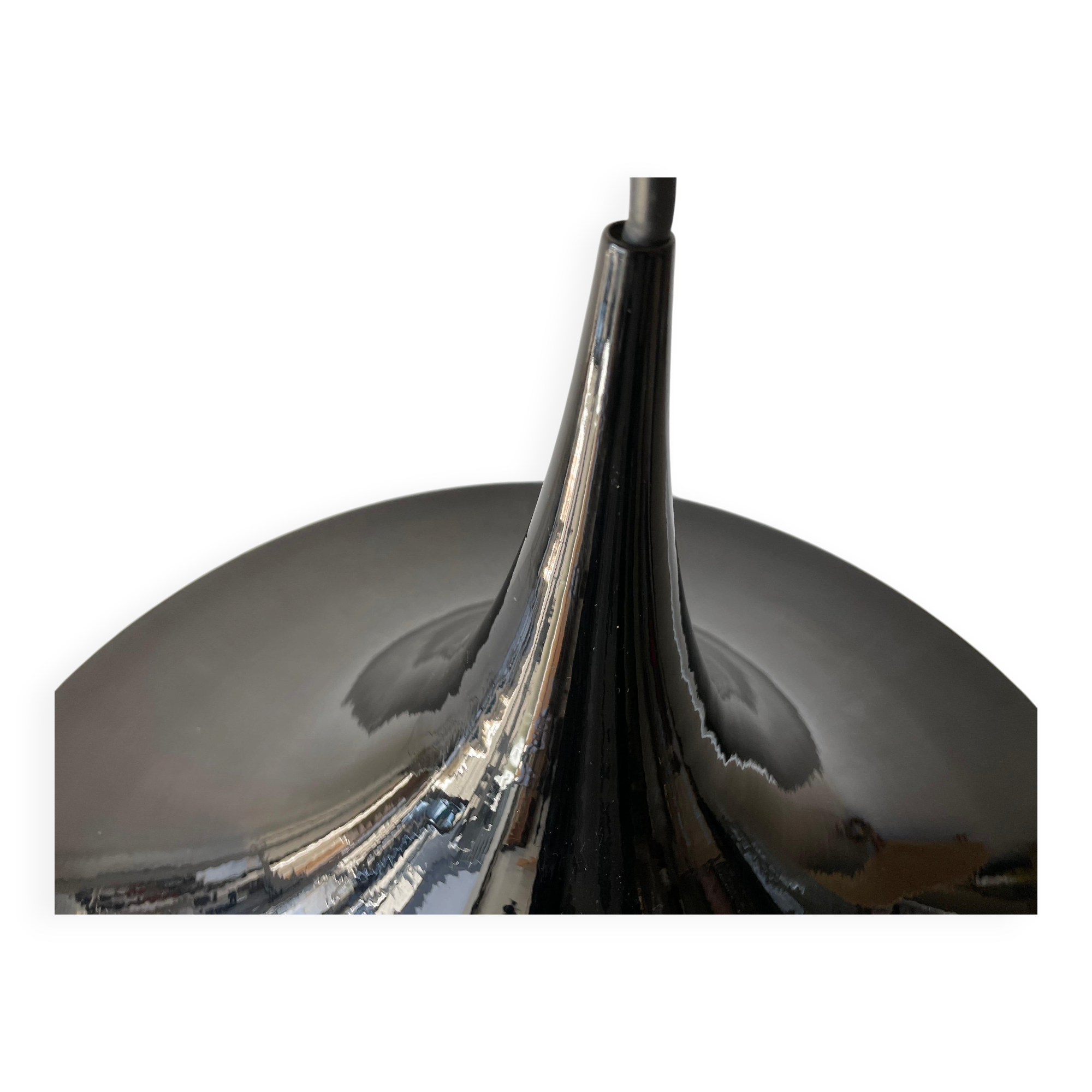 Black metal pendant lamp with trumpet design, 1960s, Italy.