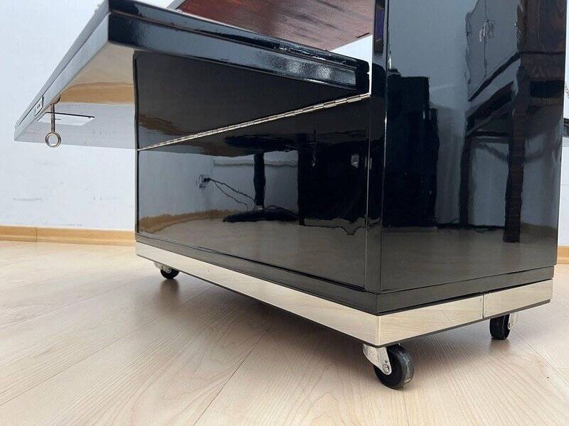 Art Deco Bar Cart in Black Lacquered Mahogany, Mirrored Glass & Chrome, France, 1930