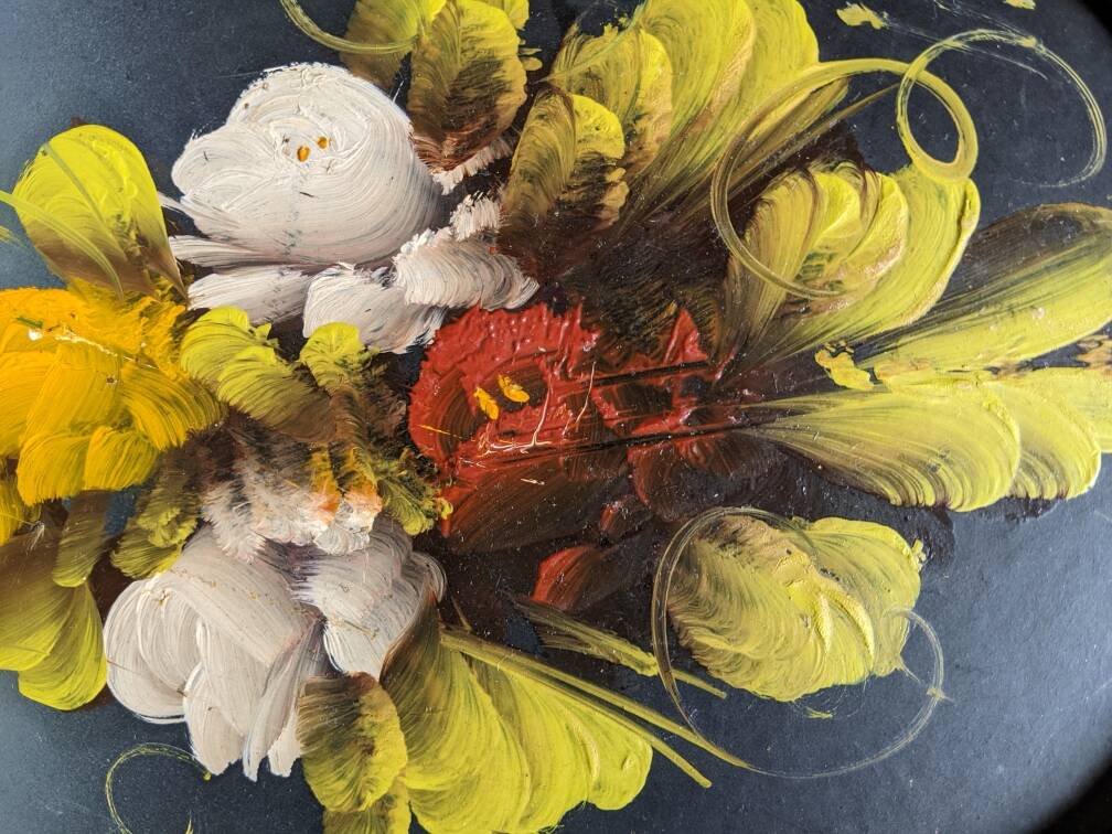 Tableau ovale acrylique sur bois cadre doré nature morte fleurs campagne