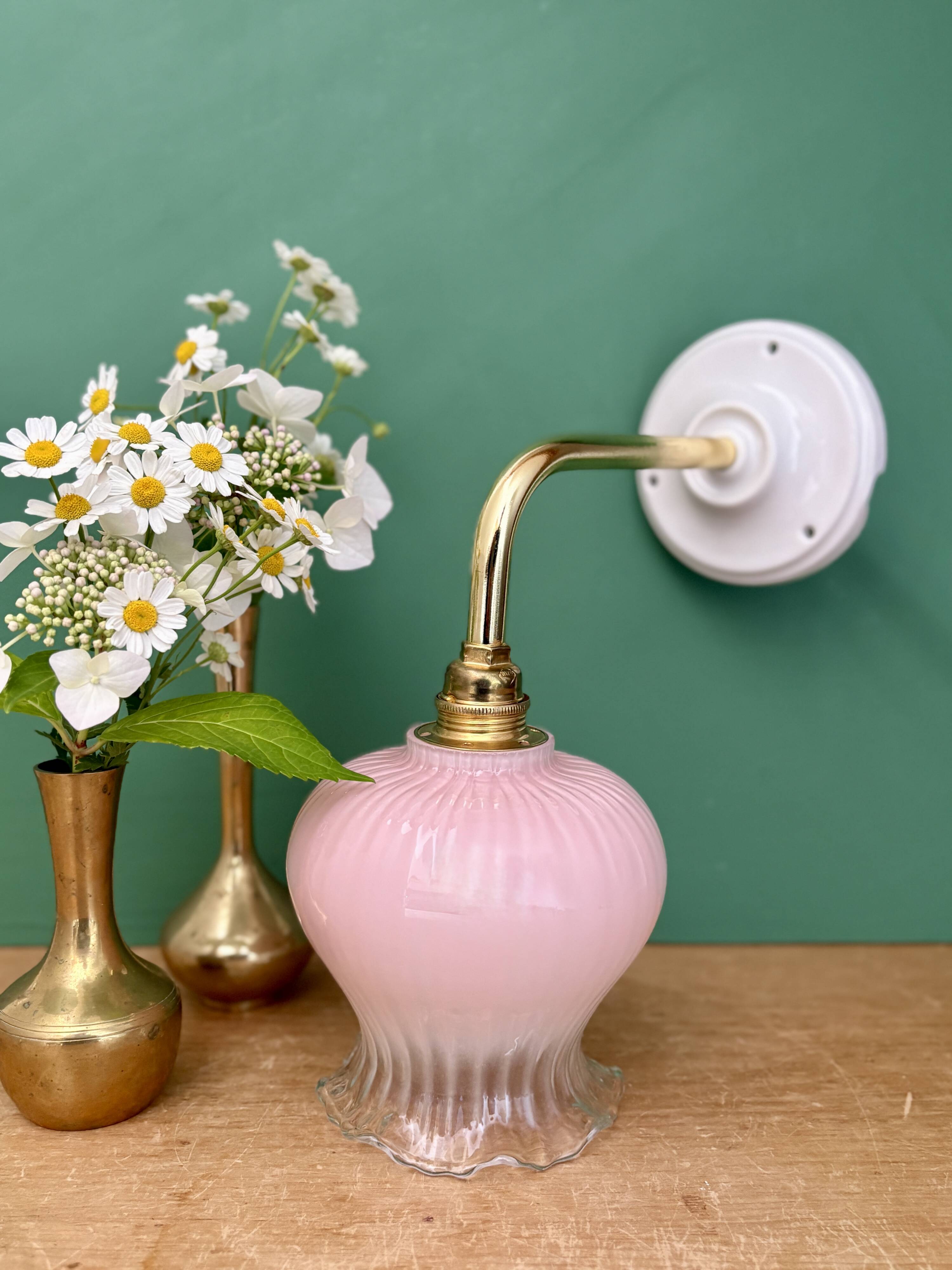 Vintage pink and clear glass elbow wall light.