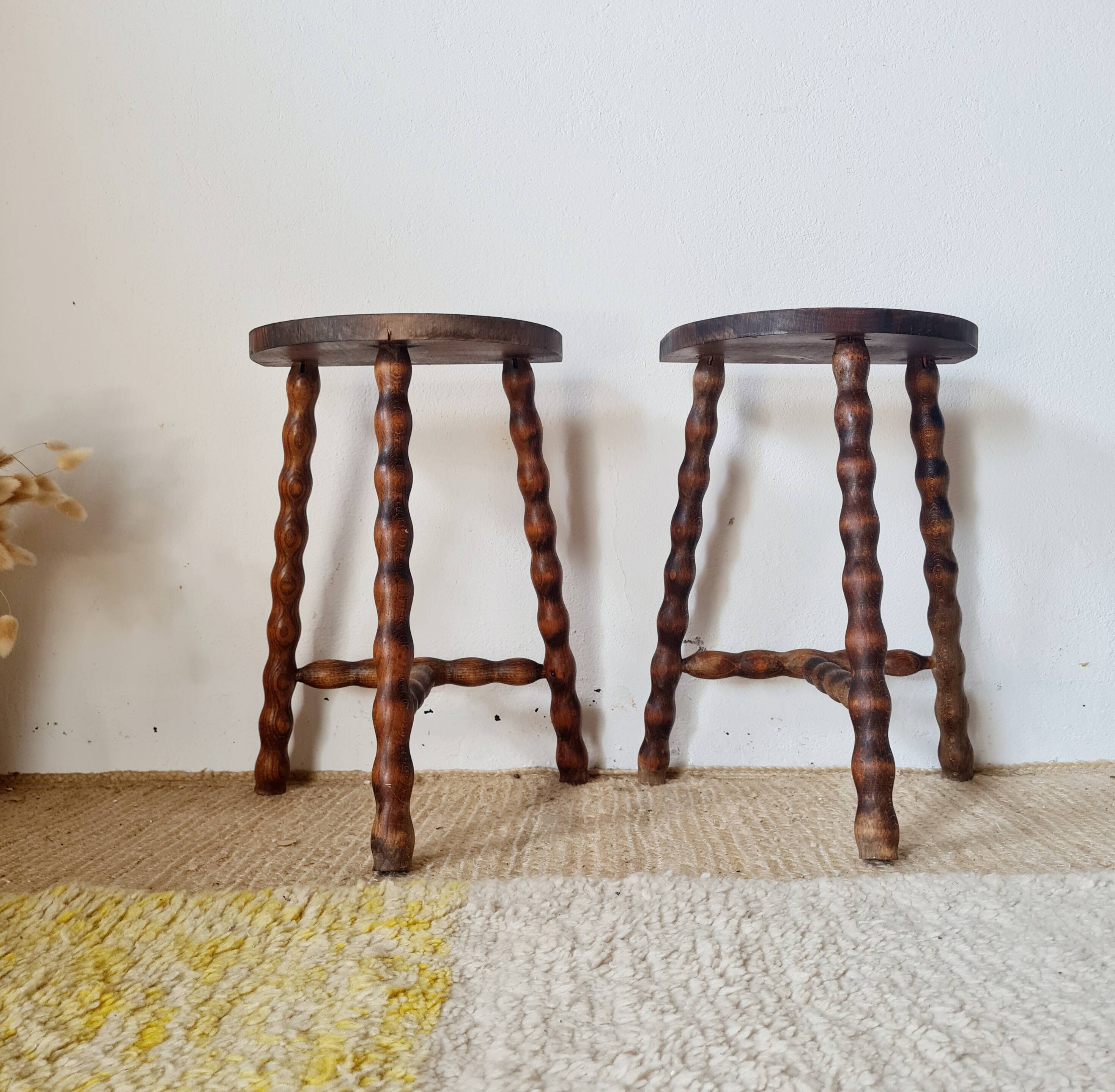 Wooden tripod stools - pair of turned leg bedside tables