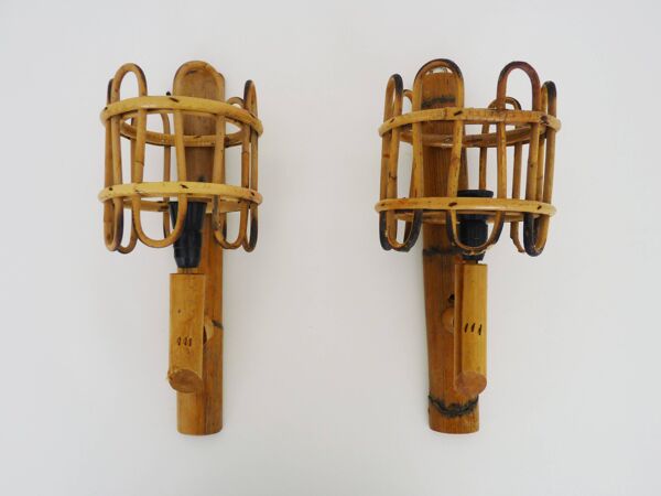 Paire d'appliques murales lanterne en bambou rotin. Années 50 60