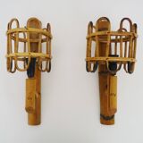 Pair of bamboo rattan lantern wall lights. 50s 60s
