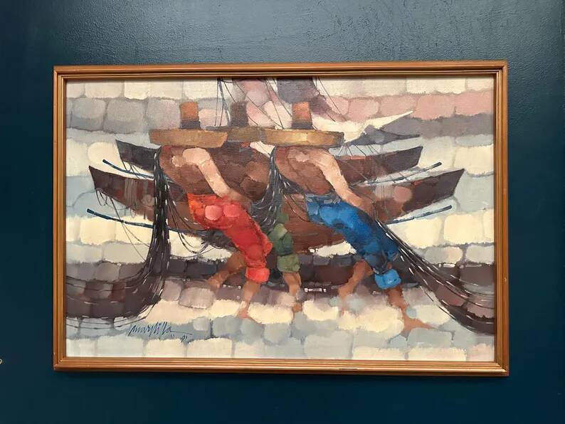 Swedish Oil on Panel"Fishermen" by Marylilla , Vintage and Framed