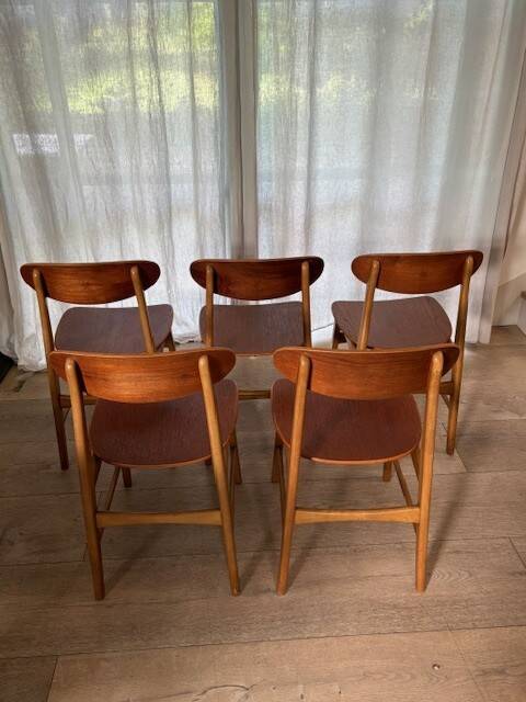 5 beech and teak chairs - Denmark 50s/60s