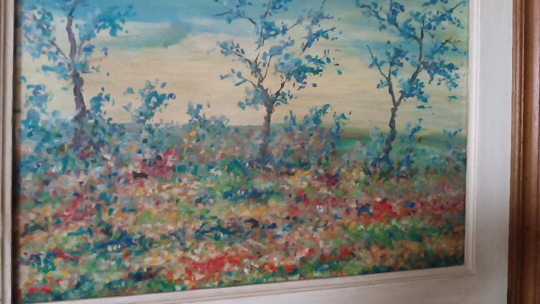 Peinture à l'huile sur panneau paysage campagne prairie fleurie signée