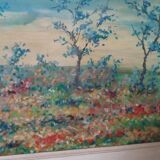 Peinture à l'huile sur panneau paysage campagne prairie fleurie signée