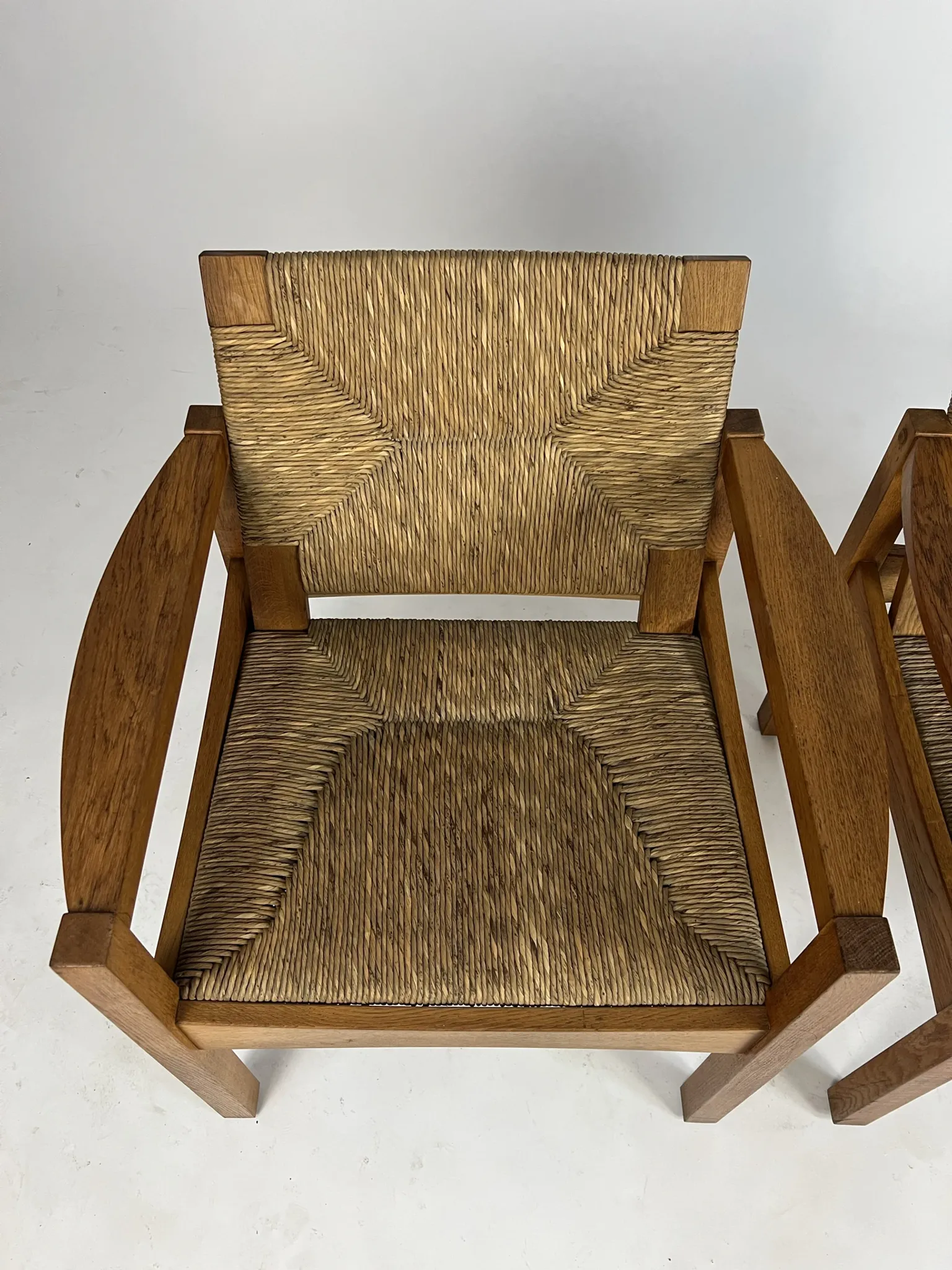 Set of 2 Vintage armchair easy chairs oak & seagrass 60s mid-century