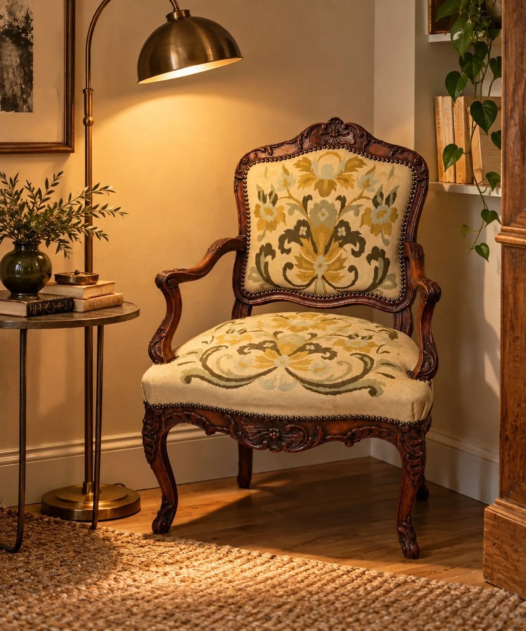 Louis XV cabriolet armchair, carved walnut, petit point tapestry, 18th century.
