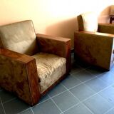 Pair of modernist Art Deco armchairs in alcantara and walnut, 1930