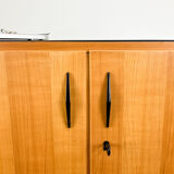 Small sideboard, WK Möbel, light coloured veneer with black glass top, 50s