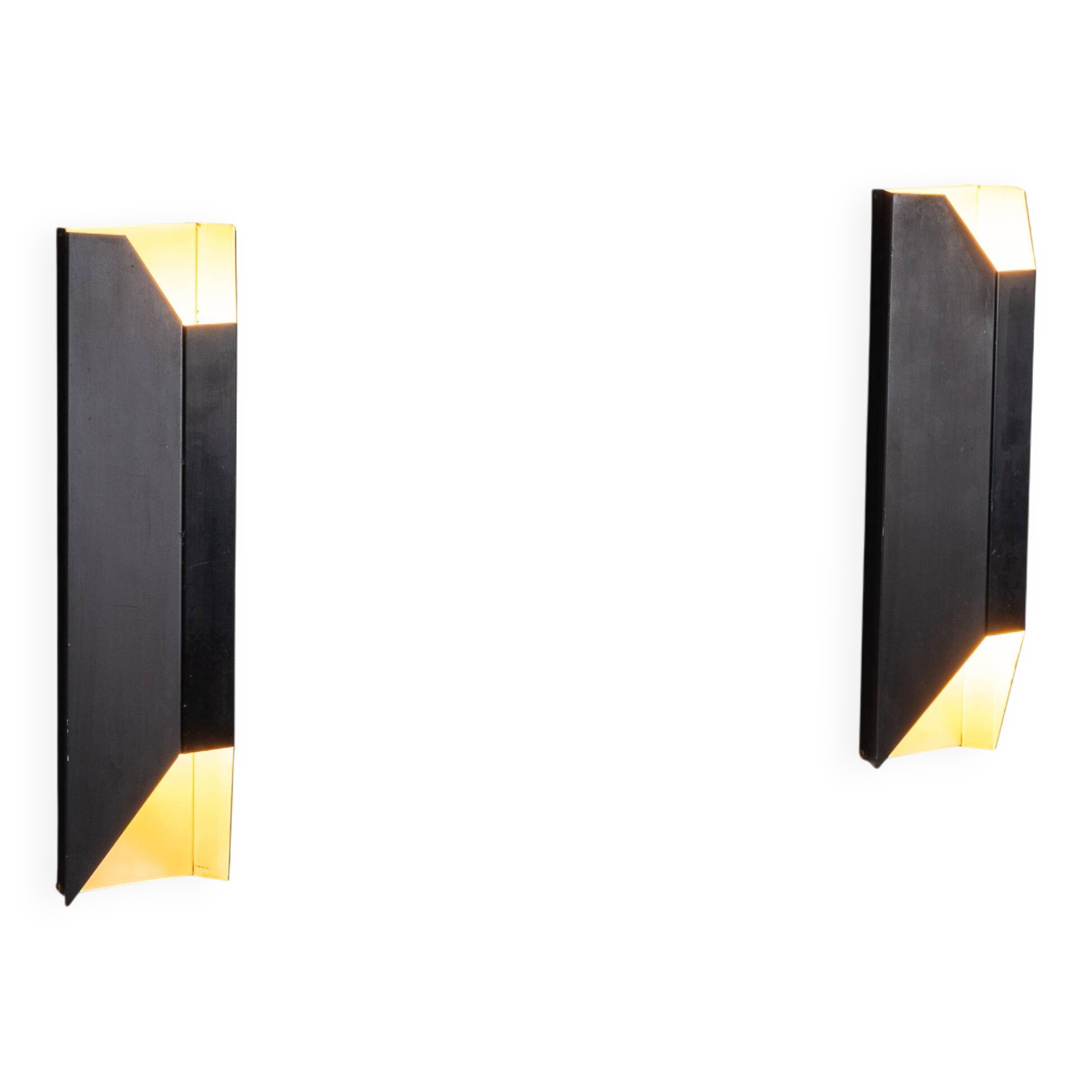 Architectural pair of vintage black metal wall lamps with angular geometric