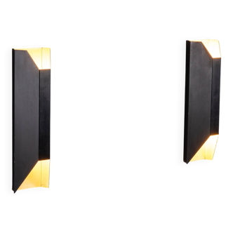 Architectural pair of vintage black metal wall lamps with angular geometric