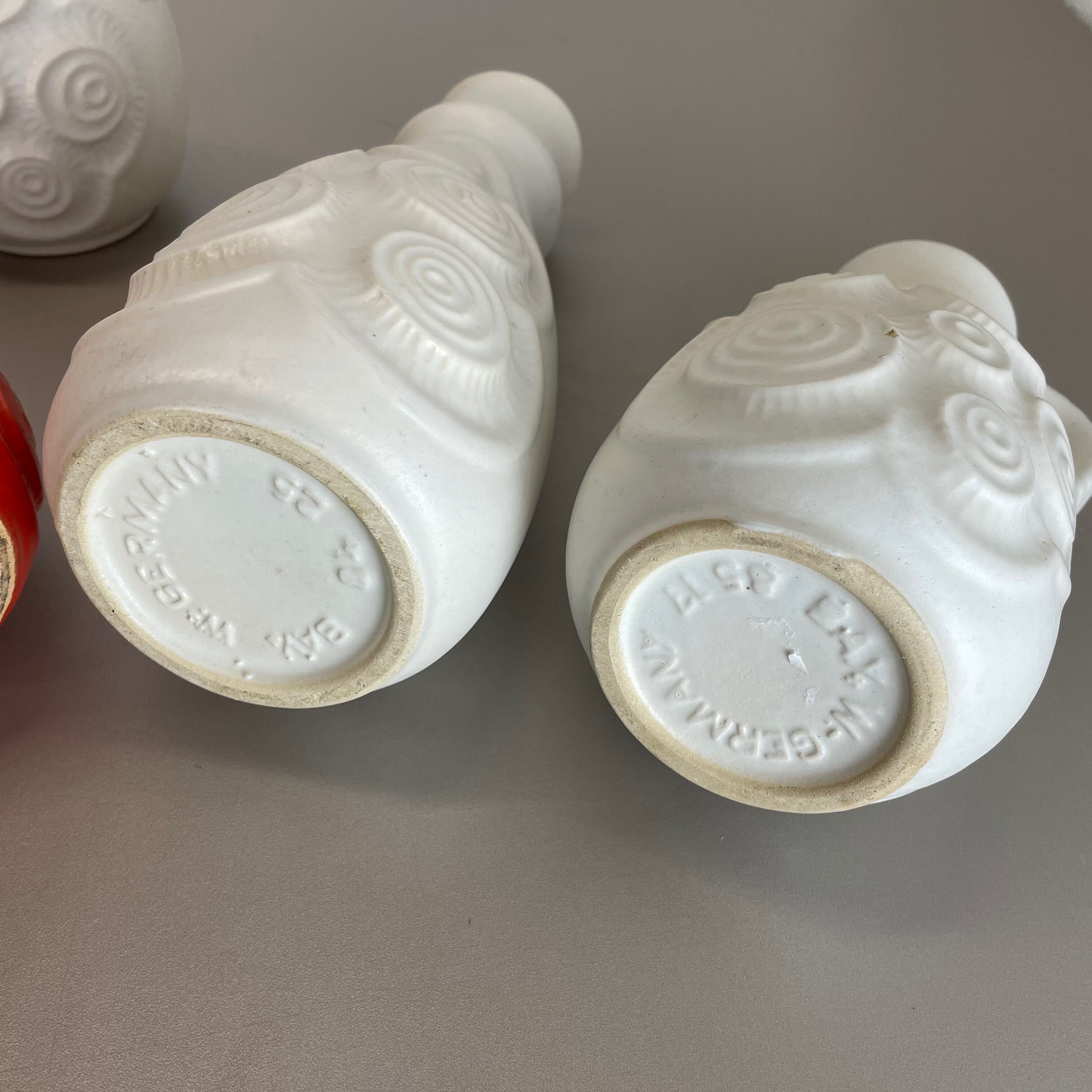 Set of 4 Red-White Fat Lava Op Art Pottery Vases by Bay Ceramics, Germany