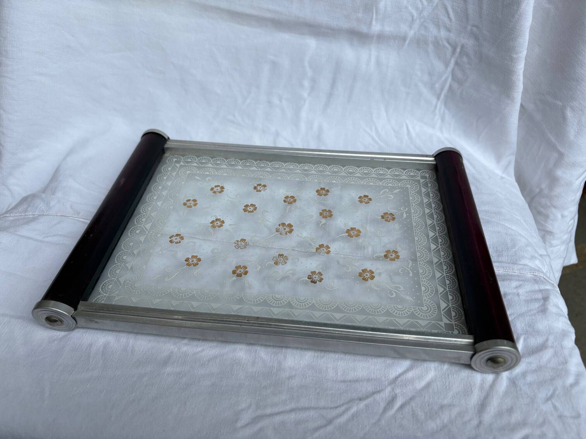 Small Art Deco tray in etched glass and chrome-plated metal – 1930s/40s