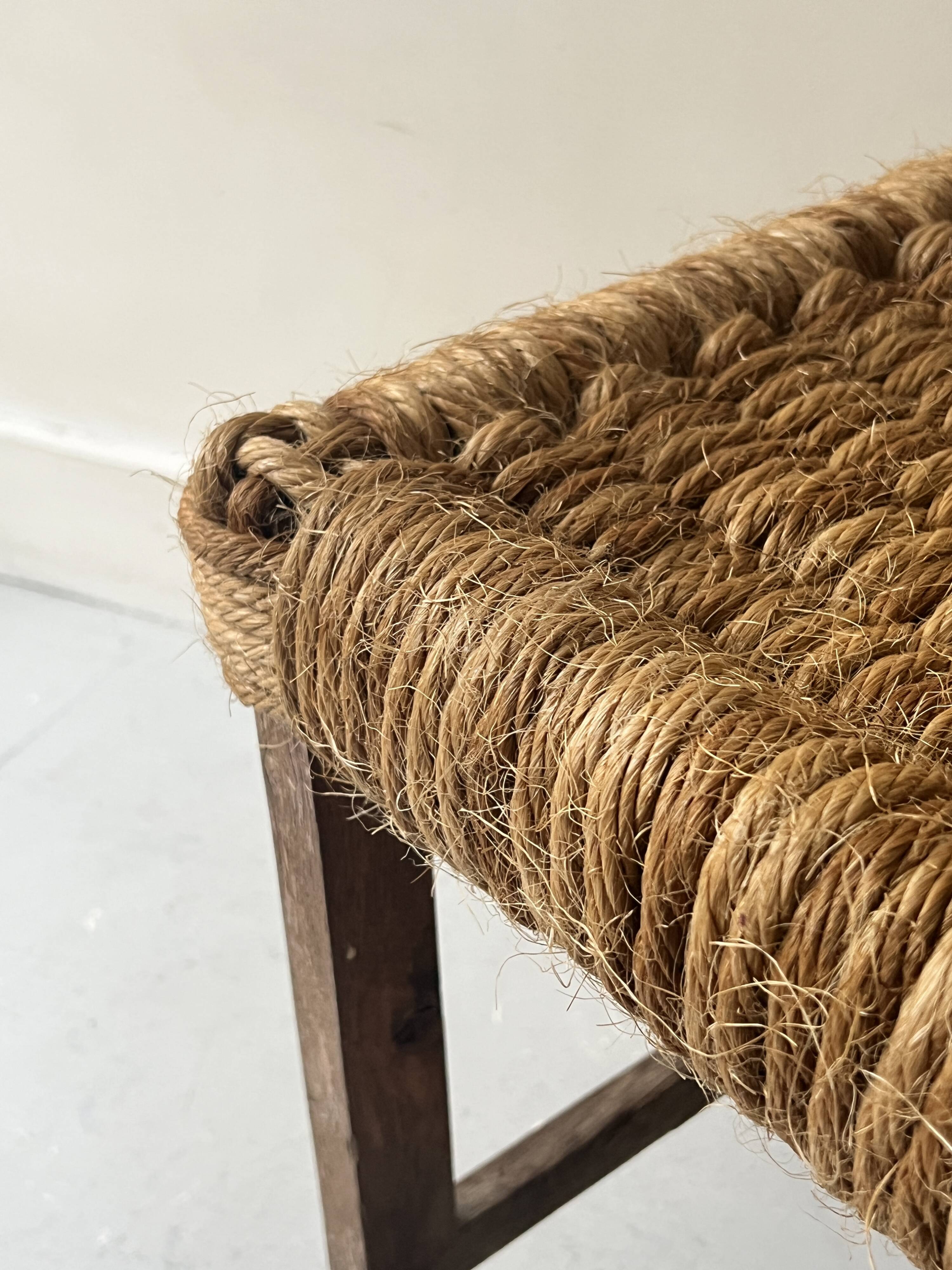 Solid oak stool with woven hemp seat by Audoux Minnet.