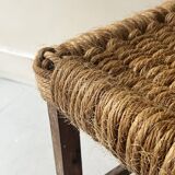 Solid oak stool with woven hemp seat by Audoux Minnet.