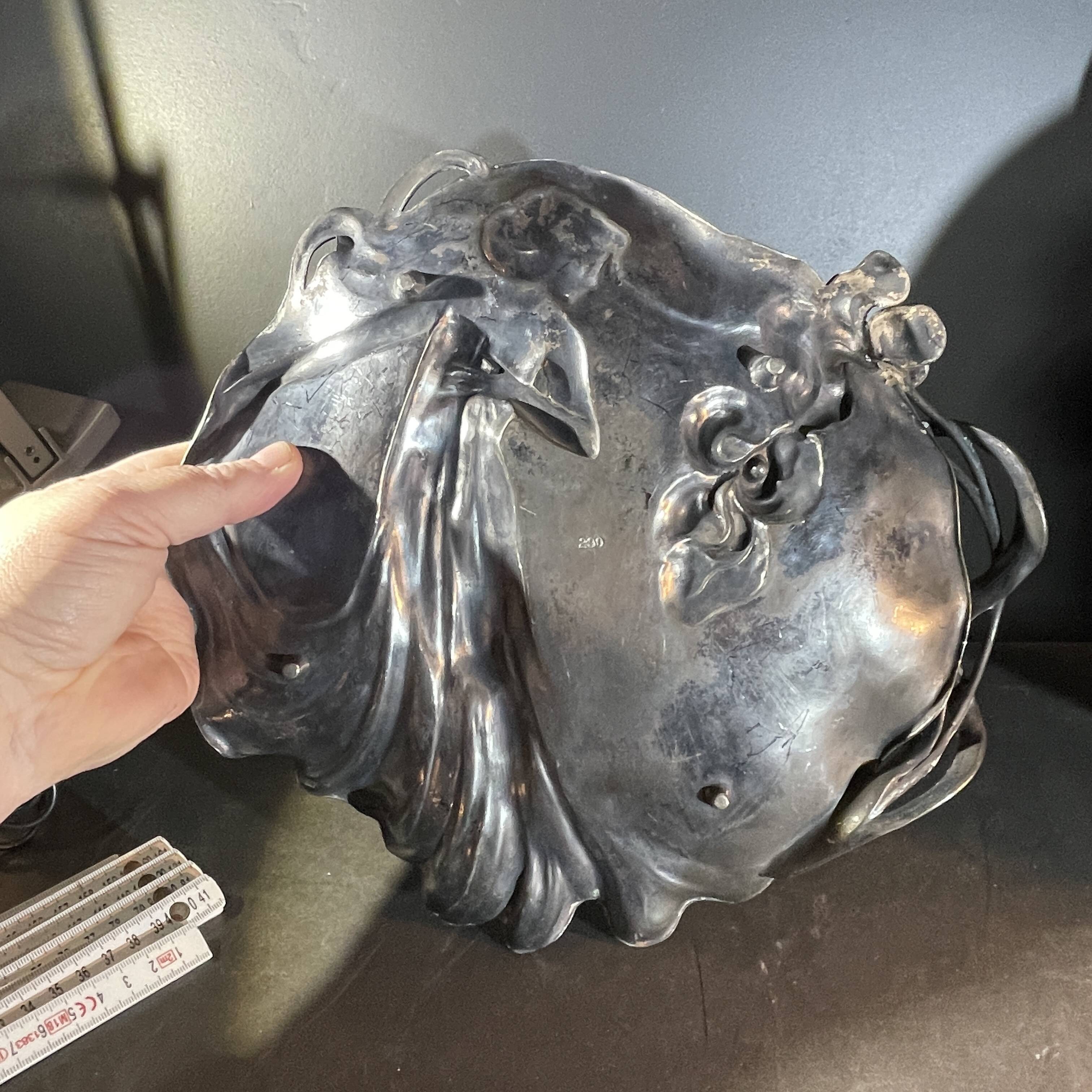 WMF "Woman with Irises" No. 290 Art Nouveau openwork tray, silver-plated metal, ca 1906