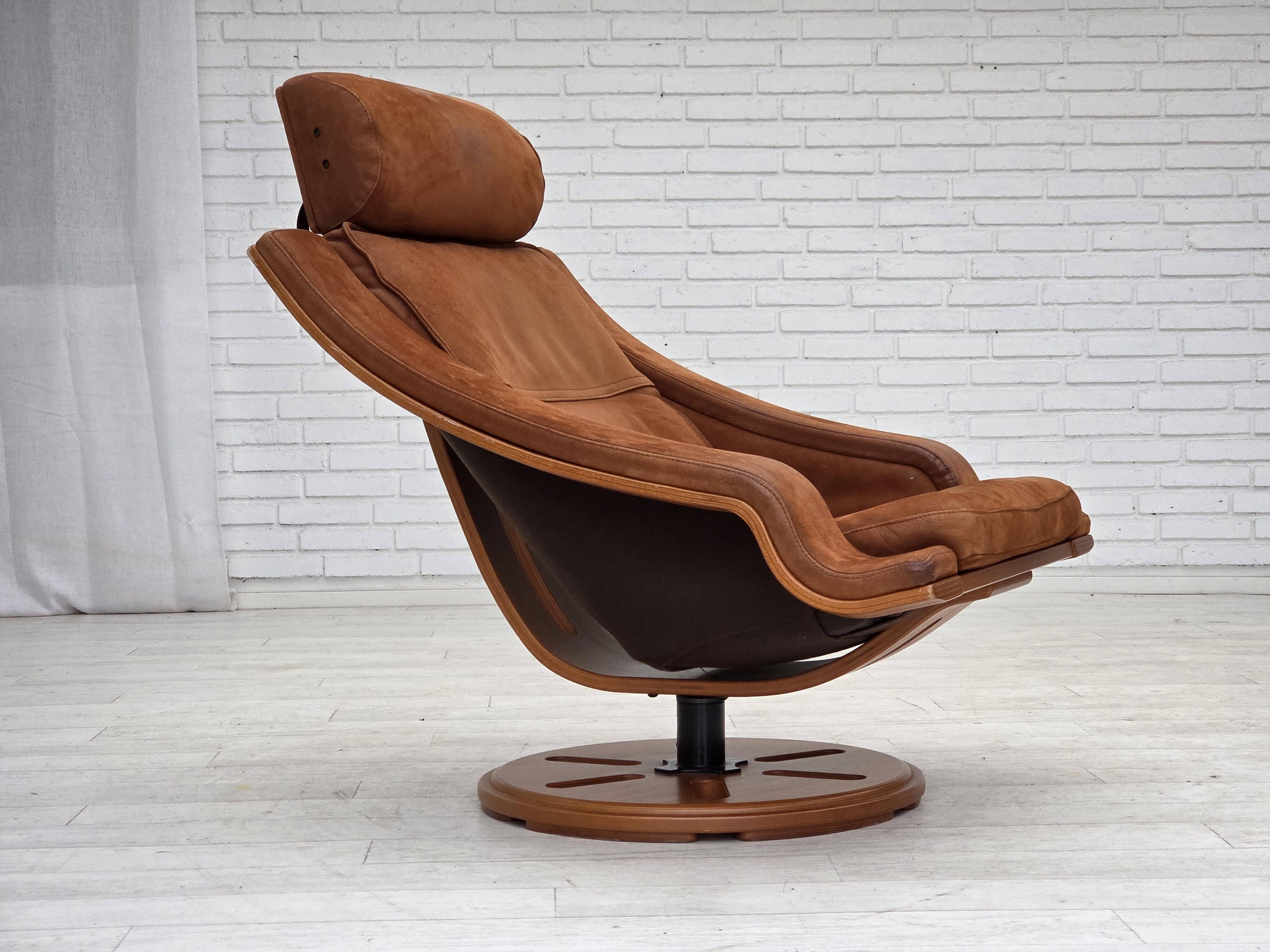 1980s, Swedish swivel armchair, nubuck leather, canvas, bent beech wood.