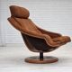 1980s, Swedish swivel armchair, nubuck leather, canvas, bent beech wood.