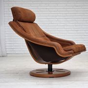 1980s, Swedish swivel armchair, nubuck leather, canvas, bent beech wood.
