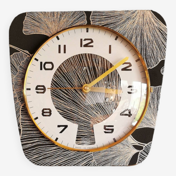 Horloge vintage pendule murale silencieuse années 60 trapèze "Gingko noir doré"