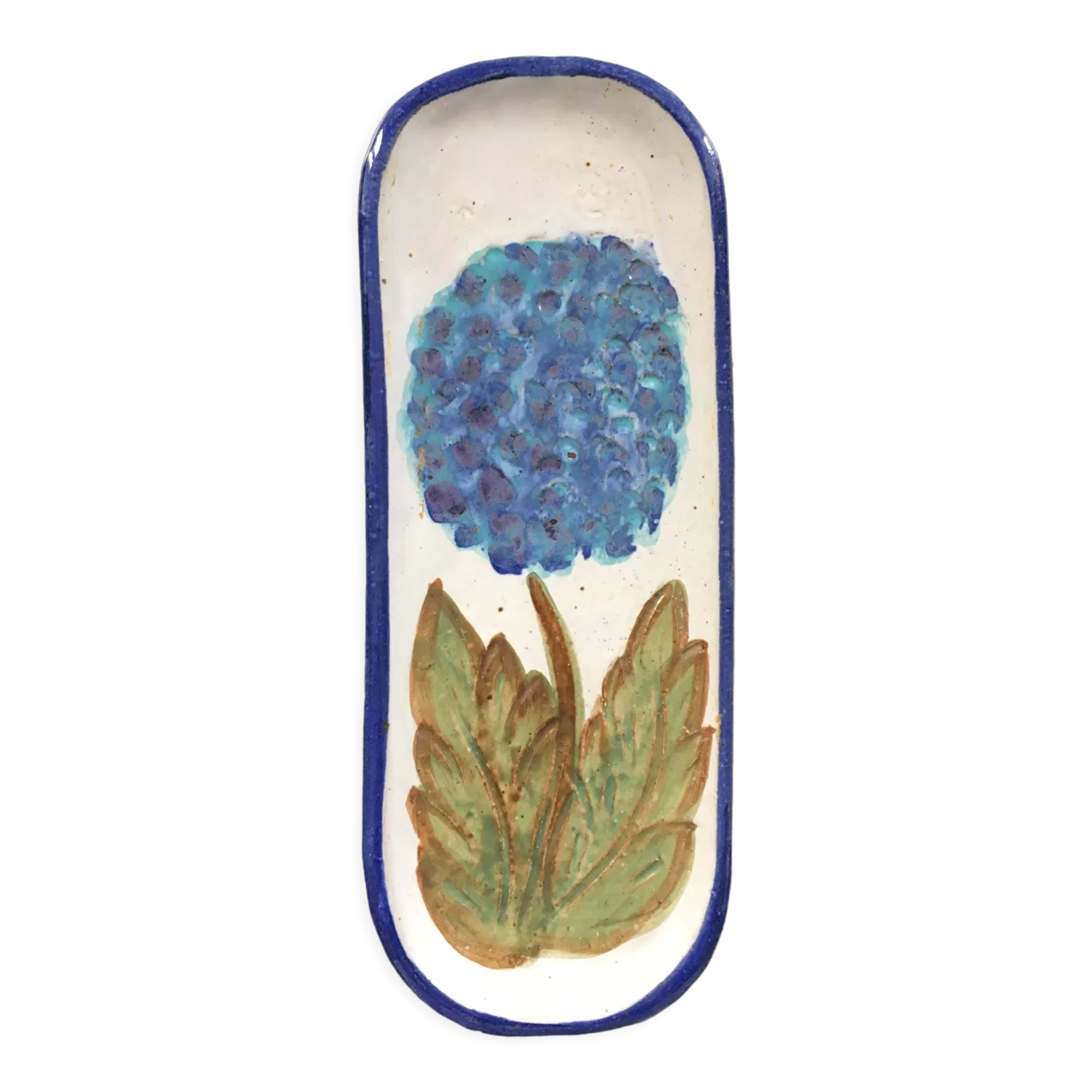 Hortensia-decorated stoneware plate signed