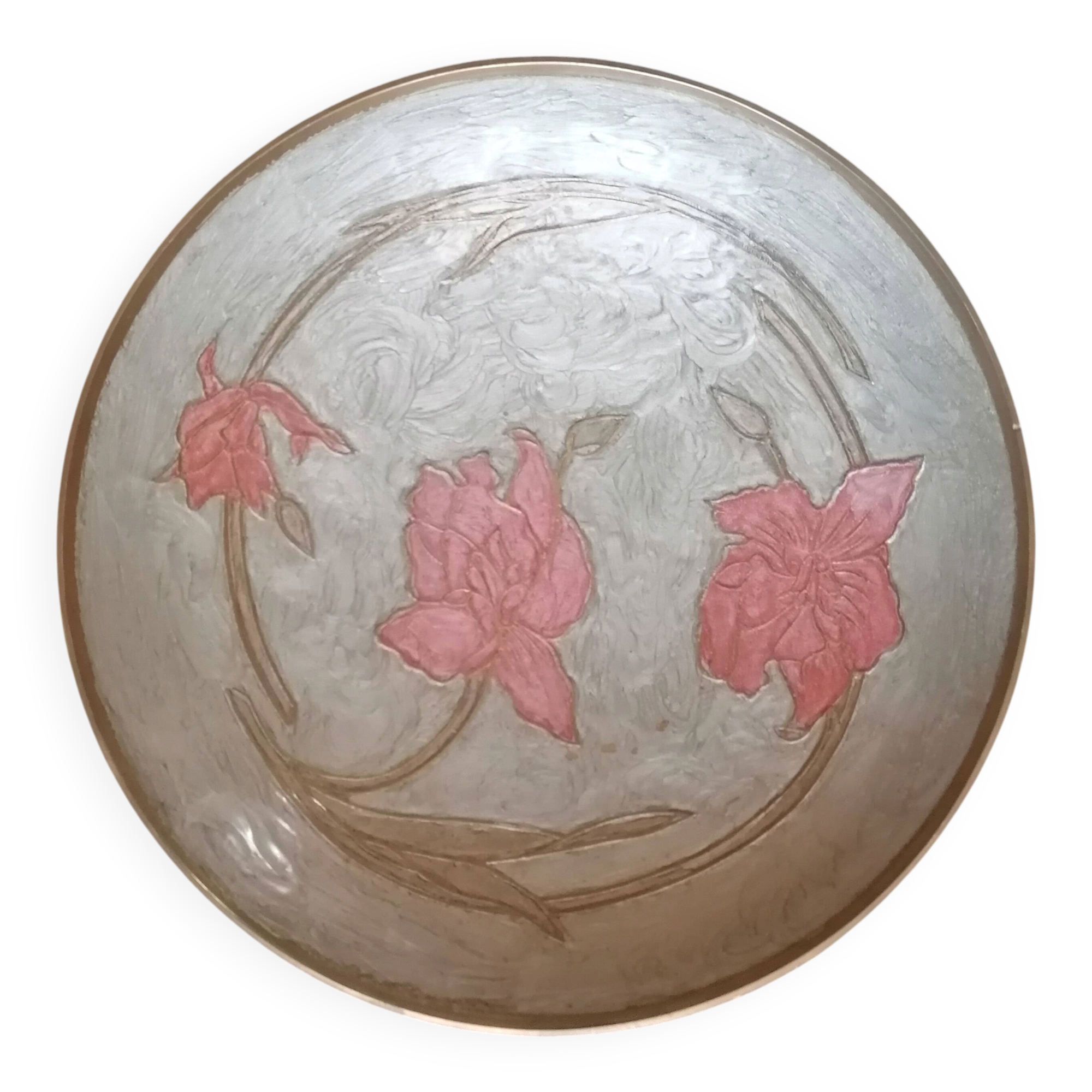 Enamelled brass stand with floral decoration.