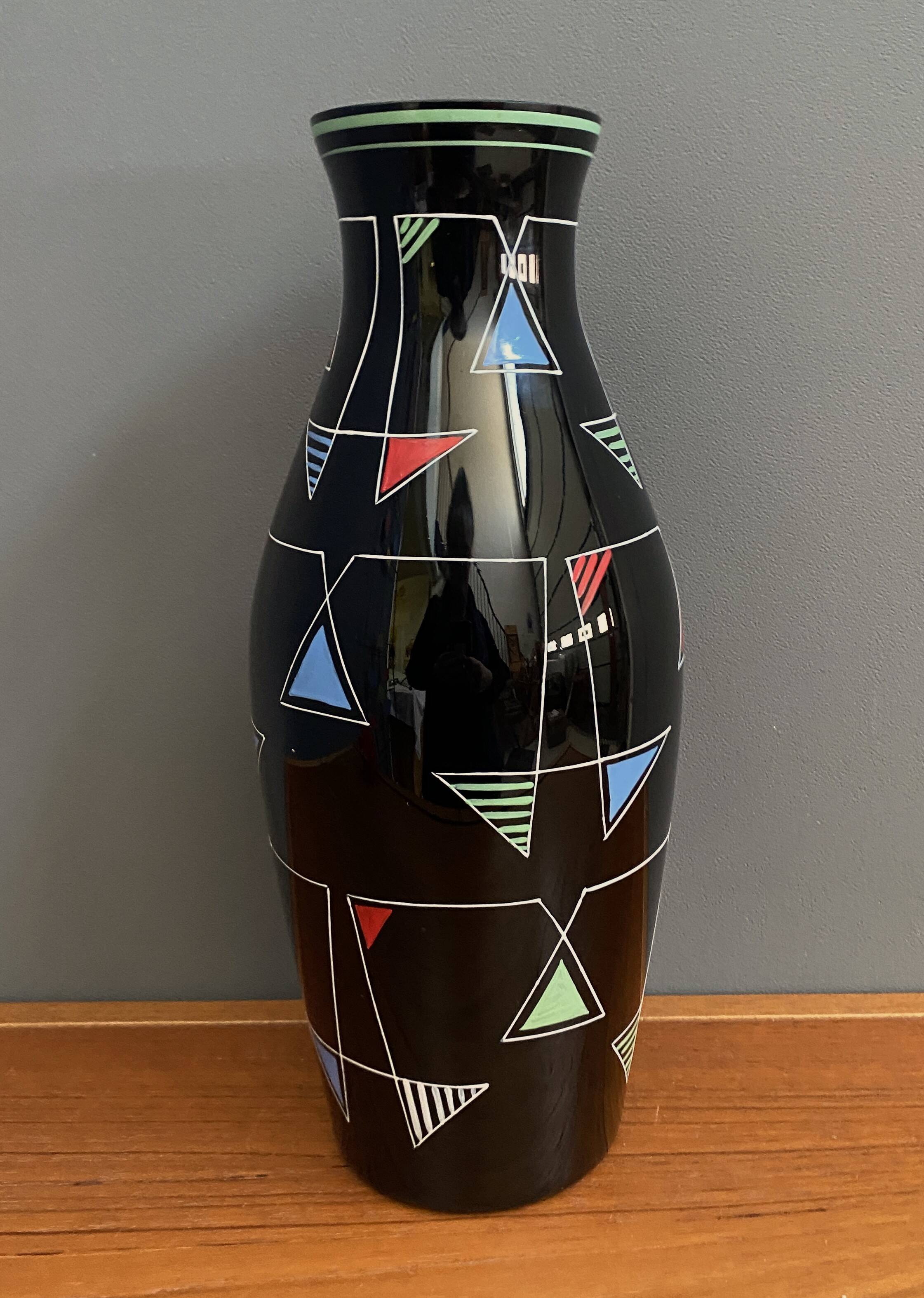 Black Glass vase with enamel decoration by VEB Wasungen 1970s