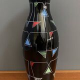 Black Glass vase with enamel decoration by VEB Wasungen 1970s