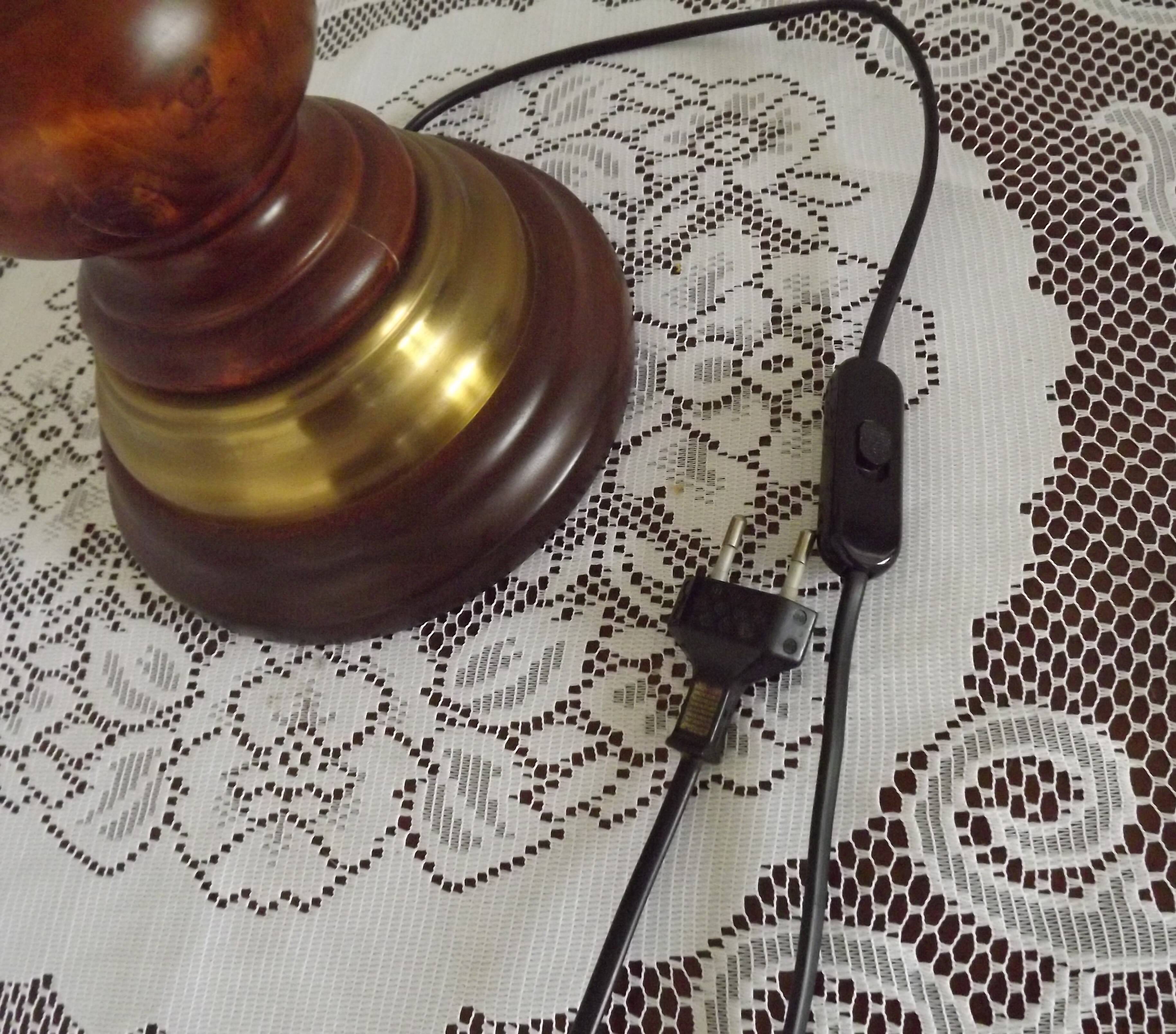 French Mid-Century Brass and Turned Wood Table Lamp with Hide Skin Shade