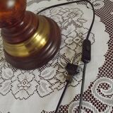 French Mid-Century Brass and Turned Wood Table Lamp with Hide Skin Shade