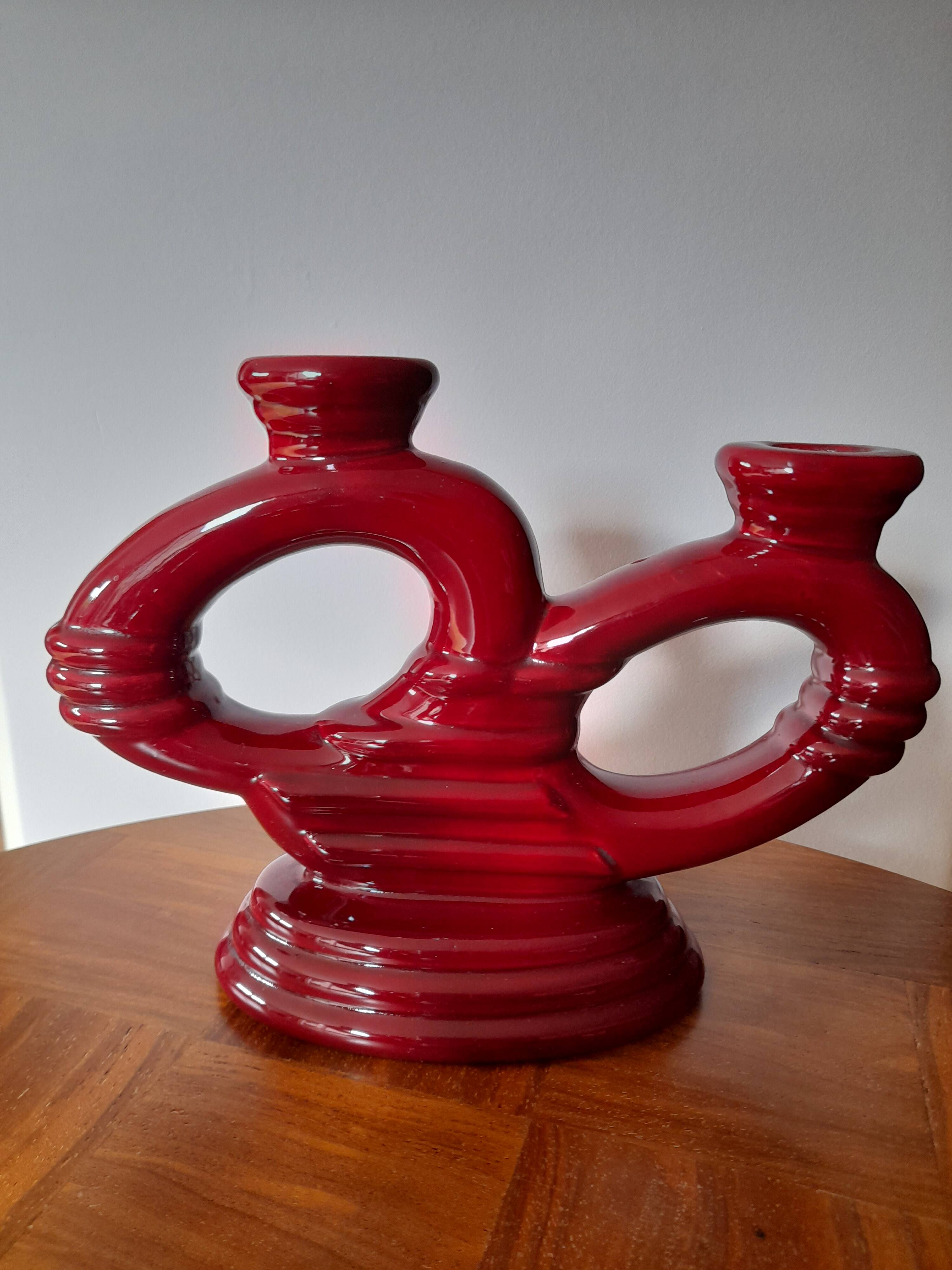 Set of 2 elegant Art Deco ceramic double candle holders