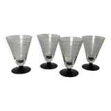 Art Deco, four striped liqueur glasses on black stem circa 1930
