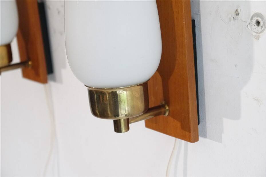 Pair of Danish teak and opaline glass wall lights